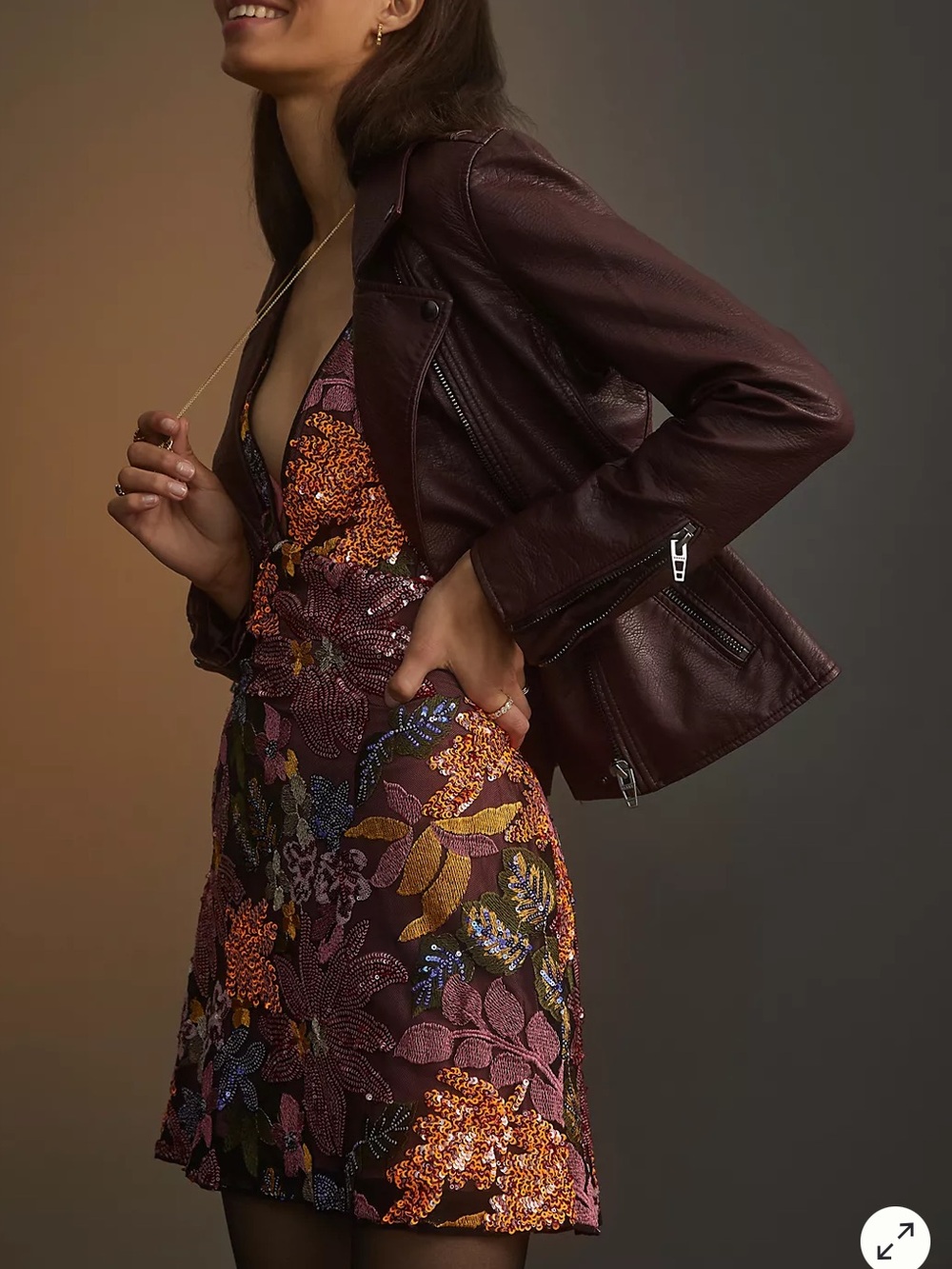 Anthropologie Sequined Embroidered Mini Dress in Burgundy US 6